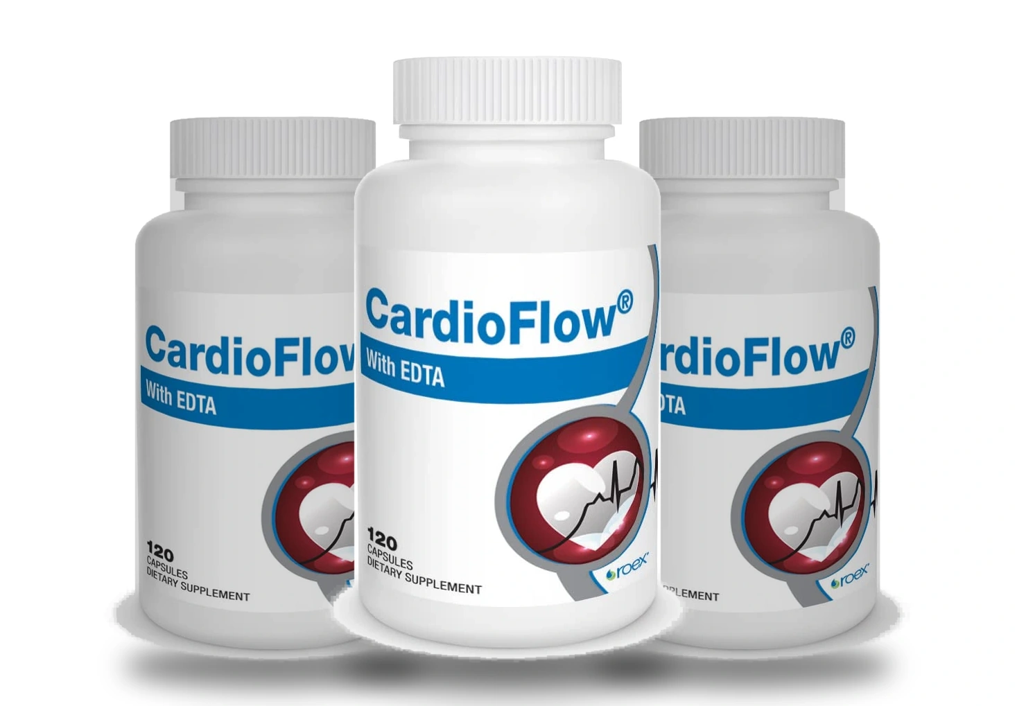 Three-bottle package of Cardio Flow with EDTA cardiovascular support capsules
