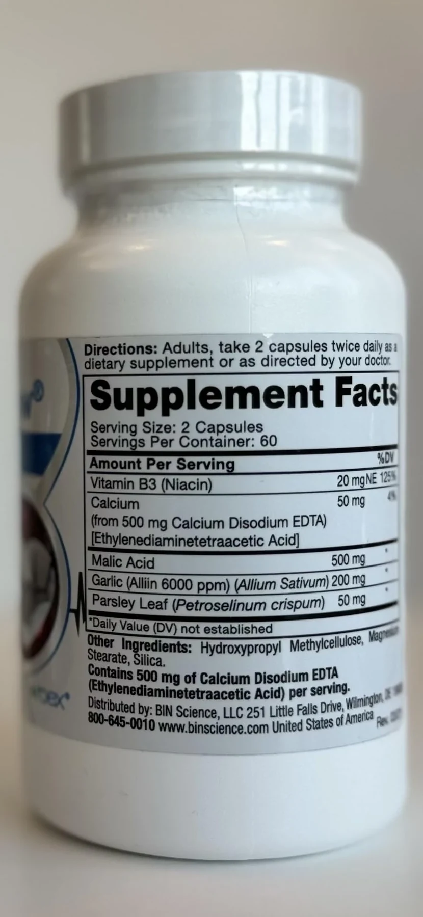 Cardio Flow Supplement Facts label showing EDTA, garlic, malic acid, niacin and parsley